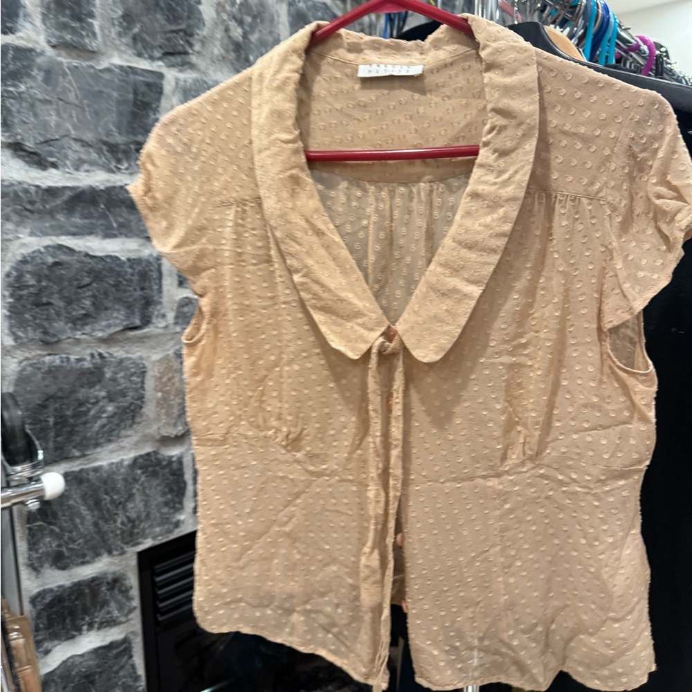 Women's Beige Silk Button-Up Petite Blouse